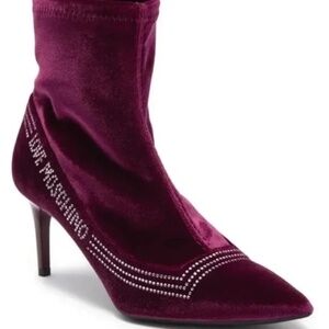 Love MOSCHINO Rhinestones Logo Stiletto Velvet Bootie in Bordeaux Sz 8